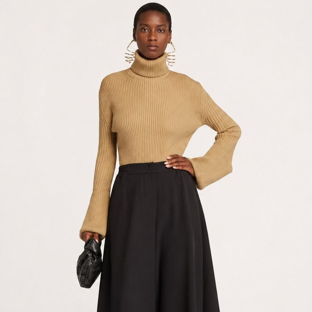 ST JOHN Ribbed Wool Turtleneck Sweater oversize cuffs size Small